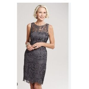 Cache Lace Sheath Dress Gray Sleeveless Round‎ Neck Knee Length Size 8